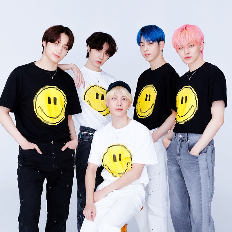TXT Áo Thun Cotton Tay Ngắn Cổ Tròn Dáng Rộng In Hình Mặt Cười Phong Cách Hàn Quốc Thời Trang Cho Nam Và Nữ