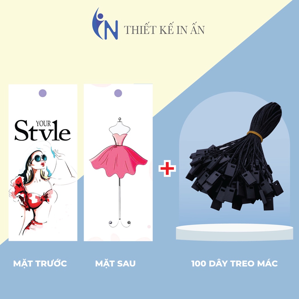 Mác quần áo100 mác + 100 Dây Treo Thẻ Bài Mác quần áo, Tag Nhãn quần áo, THIẾT KẾ IN ẤN cho shop quần áo, bìa cứng
