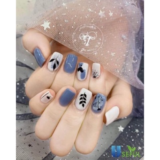 Nailbox trắng xanh vẽ lá phong cách hàn quốc