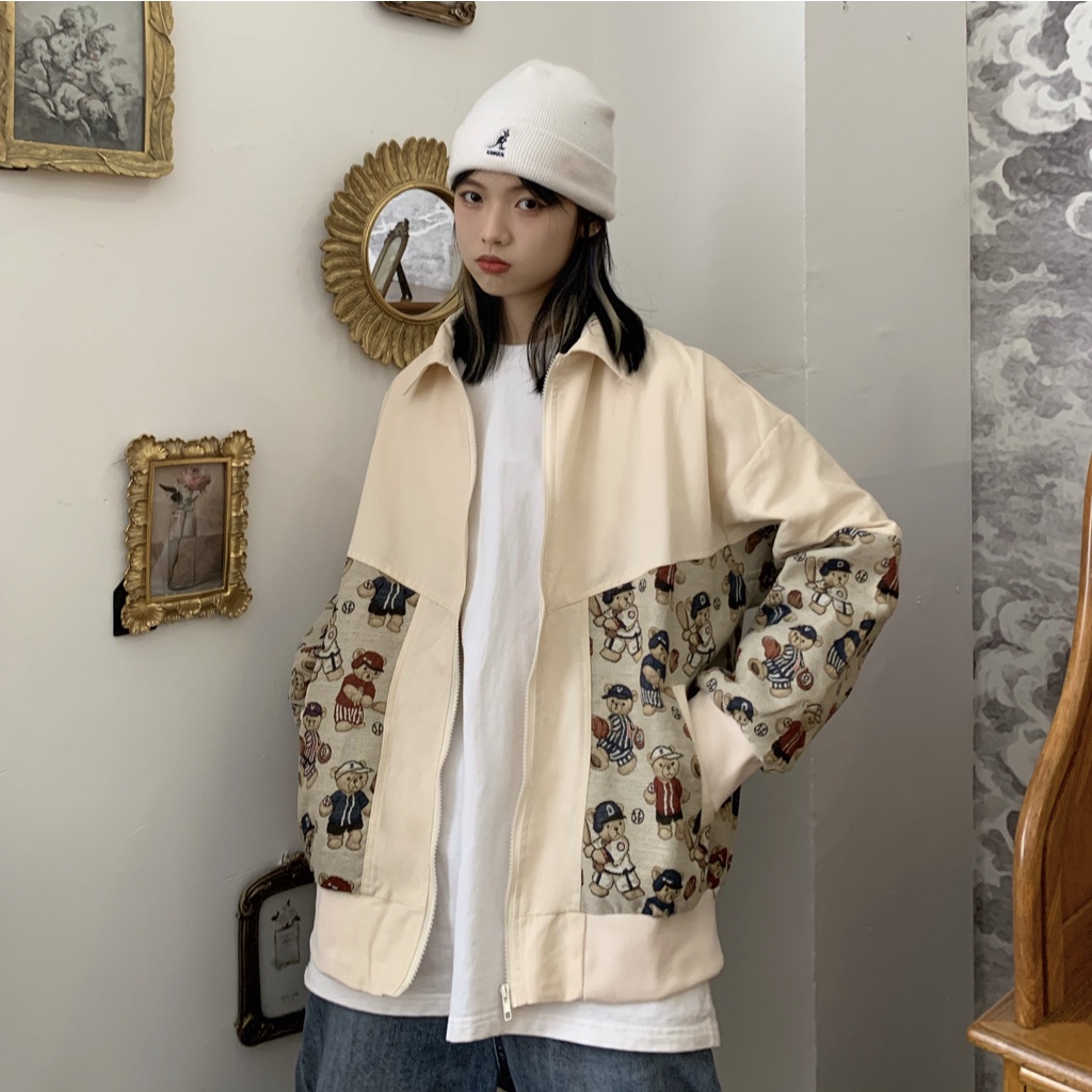 Áo Khoác Bóng Chày Dáng Rộng Dài Vừa Thêu Hình Gấu jacquard Kiểu Hàn Quốc Thời Trang Xuân Thu Cho Nữ