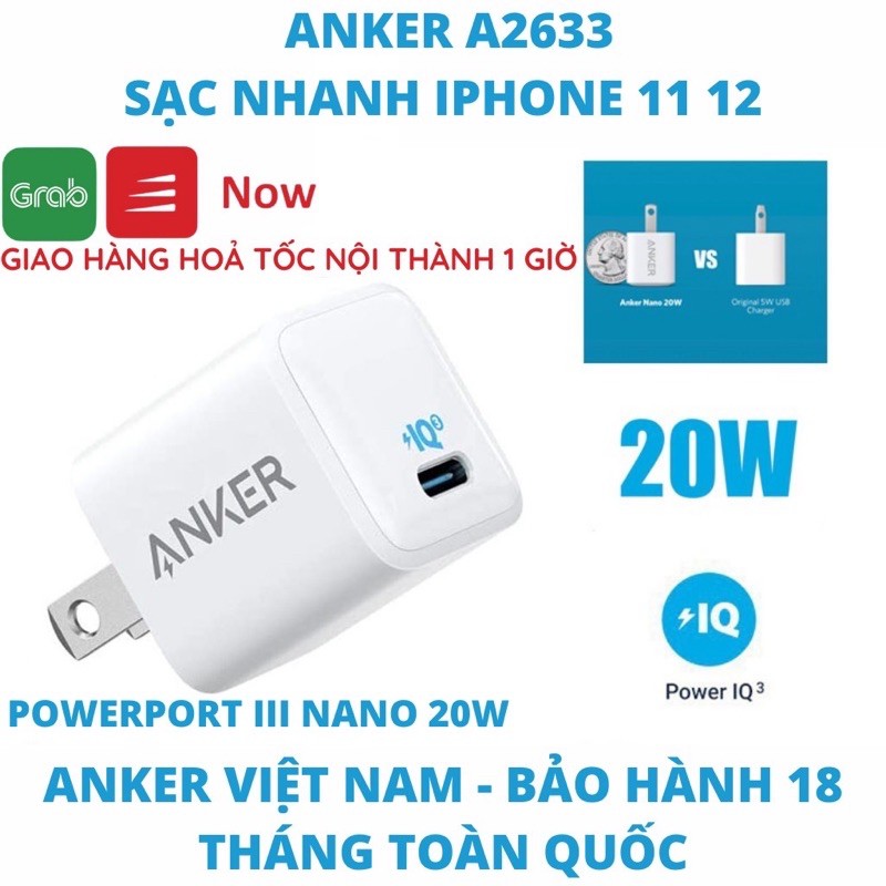 Củ sạc nhanh cho iPhone 12 chính hãng Anker 20W Max Powerport PD Nano PD3.0 cổng Type C chính hãng ( Bảo hàng 12 tháng )