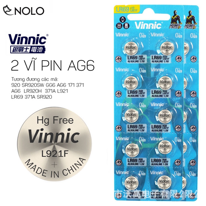 Combo 2 Vĩ 5 Pin Vinnic Mã AG6 LR69 LR921F 371A L921 Điện Áp 1.5V Không Chứa Hg Cd Dùng Cho Đồ Chơi Smarkey Máy Tính