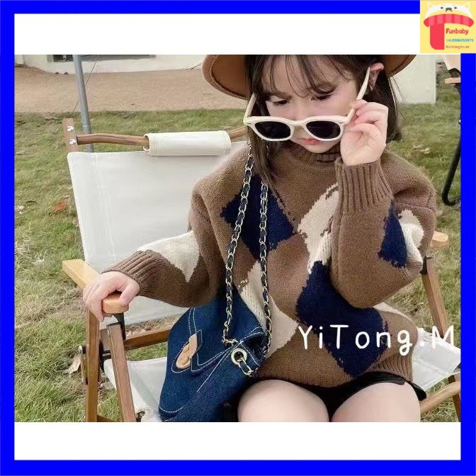 Áo len bé gái 4-10 tuổi hình quả trám phối màu, Áo len lông cừu cho bé phong cách Hàn Quốc đanh sợi không bai xù