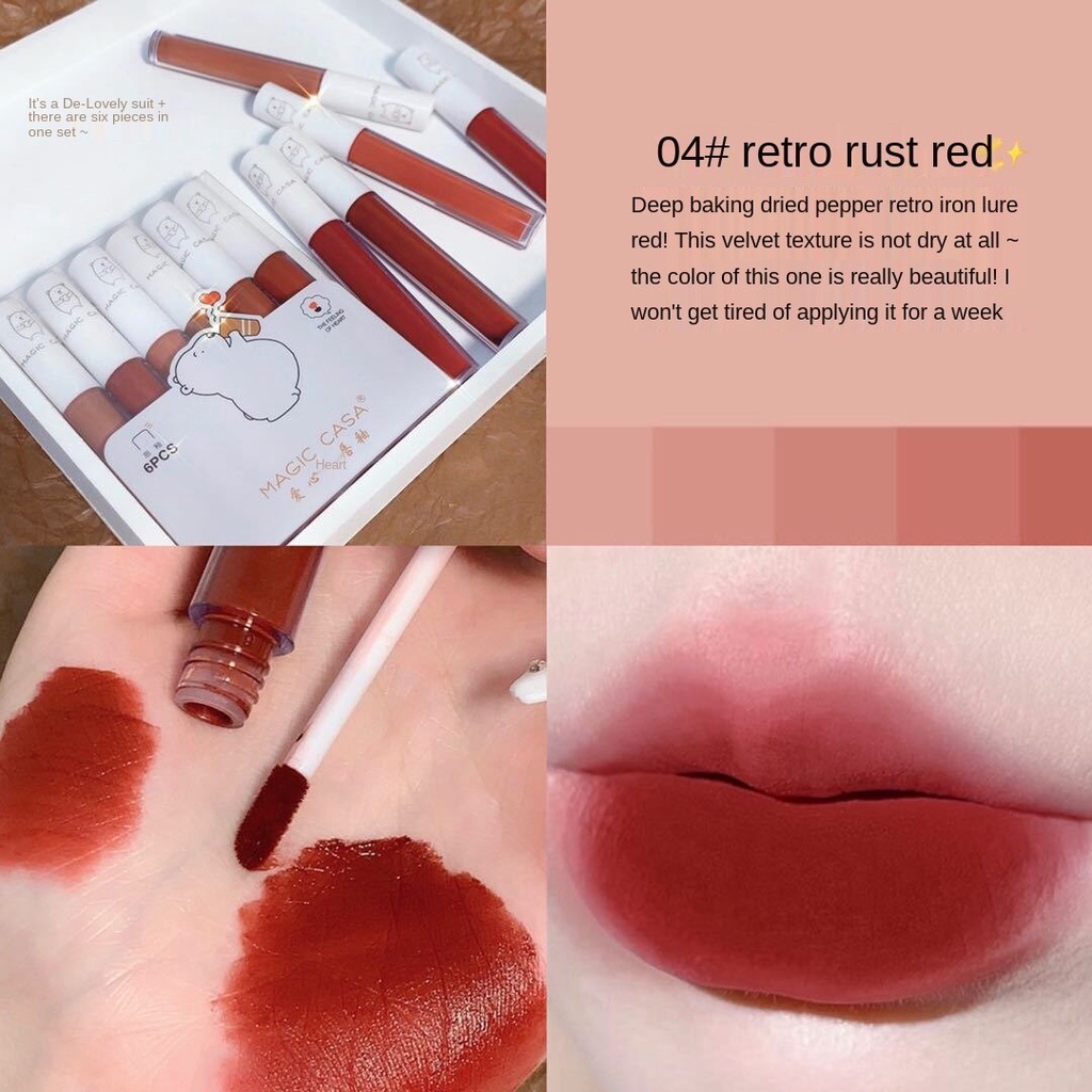 [Hàng mới về] Set 6 son kem lì Magic Casa dưỡng ẩm với vỏ hình chú gấu đáng yêu