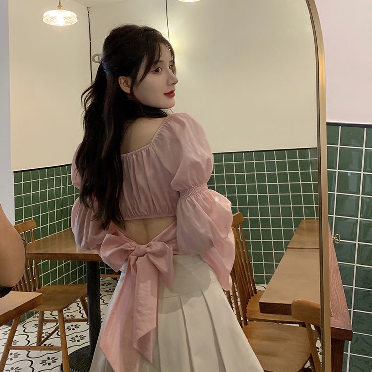 COZOK Set Áo Kiểu Tay Phồng Thắt Nơ Phối Chân Váy Xếp Ly Thời Trang Trẻ Trung Cho Nữ