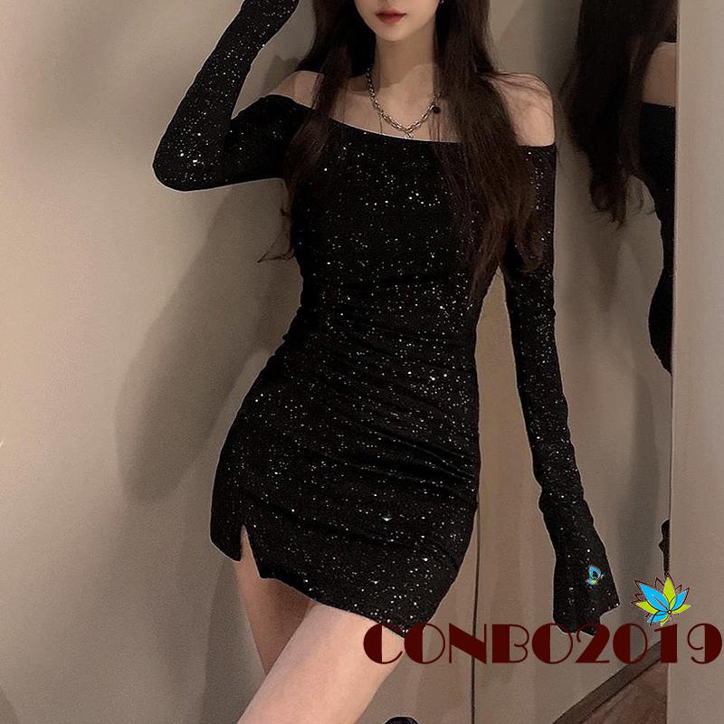 Hgm-đầm Ôm Dáng Tay Dài Hở Vai Xẻ Tà Đính Đá Màu Đen Trang Trí Dành Cho Nữ