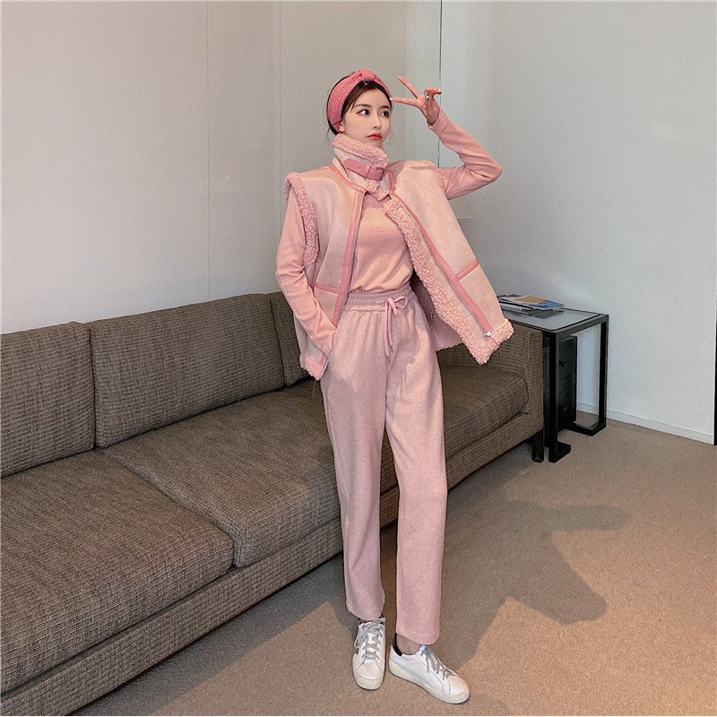 Set Áo Khoác Lông Cừu Sát Nách + Áo Sát Nách + Quần Dài + Áo Hai Dây Màu Hồng Đào | BigBuy360 - bigbuy360.vn