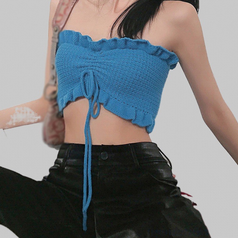 Áo Croptop Dệt Kim Màu Sắc Trơn Phối Dây Rút Gợi Cảm Dành Cho Nữ