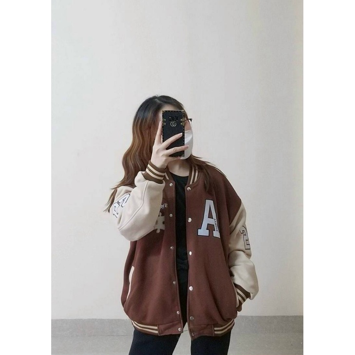 Áo Khoác Nỉ Nữ Màu Nâu Kiểu Bomber Phong Cách Bóng Chày Form Rộng Mặc Thoáng Mát NEW UNISEX