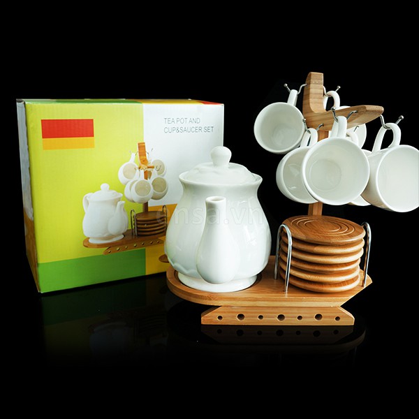 Bộ ấm chén giá tre + đĩa tre cao cấp