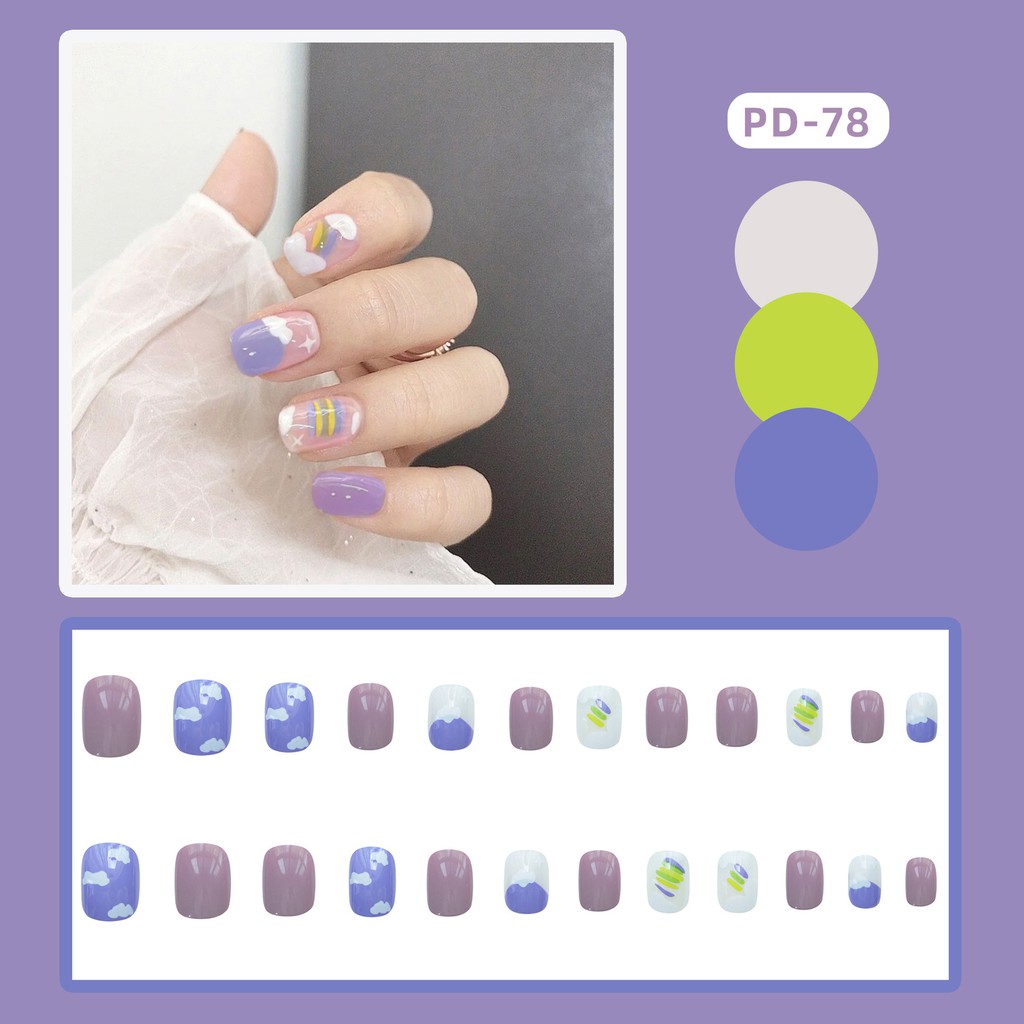Bộ 24 móng tay giả Nail Nina trang trí cầu vồng xanh tím mã PD-78【Tặng kèm dụng cụ lắp】
