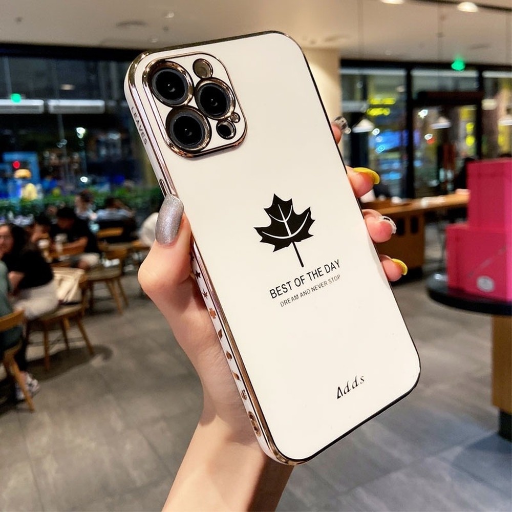 Ốp Điện Thoại Mềm Hình Vuông Mạ Họa Tiết Lá Phong Sang Trọng Cho Samsung Galaxy S21 S21+ S22 S22+ Ultra FE 5G