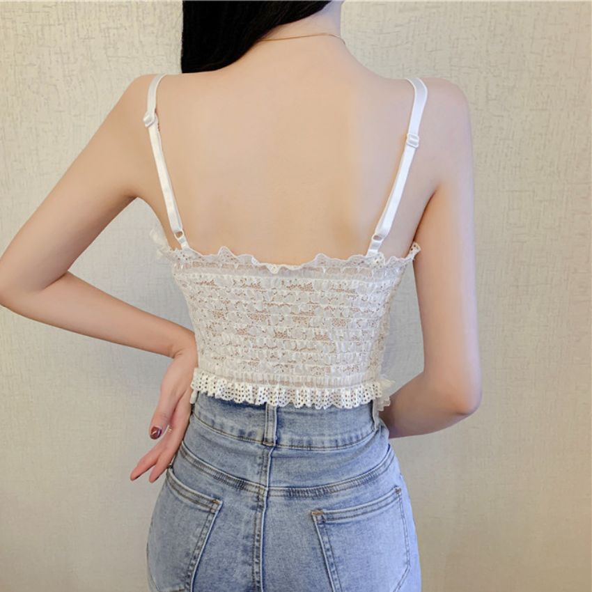 Áo Bra Nữ Croptop 2 Dây Ren Hoa Nhí Đính Khuy Cúc Ngọc Kèm Mút Đệm Ngực Siêu Xinh, Áo ngực ren Cao Cấp B3025
