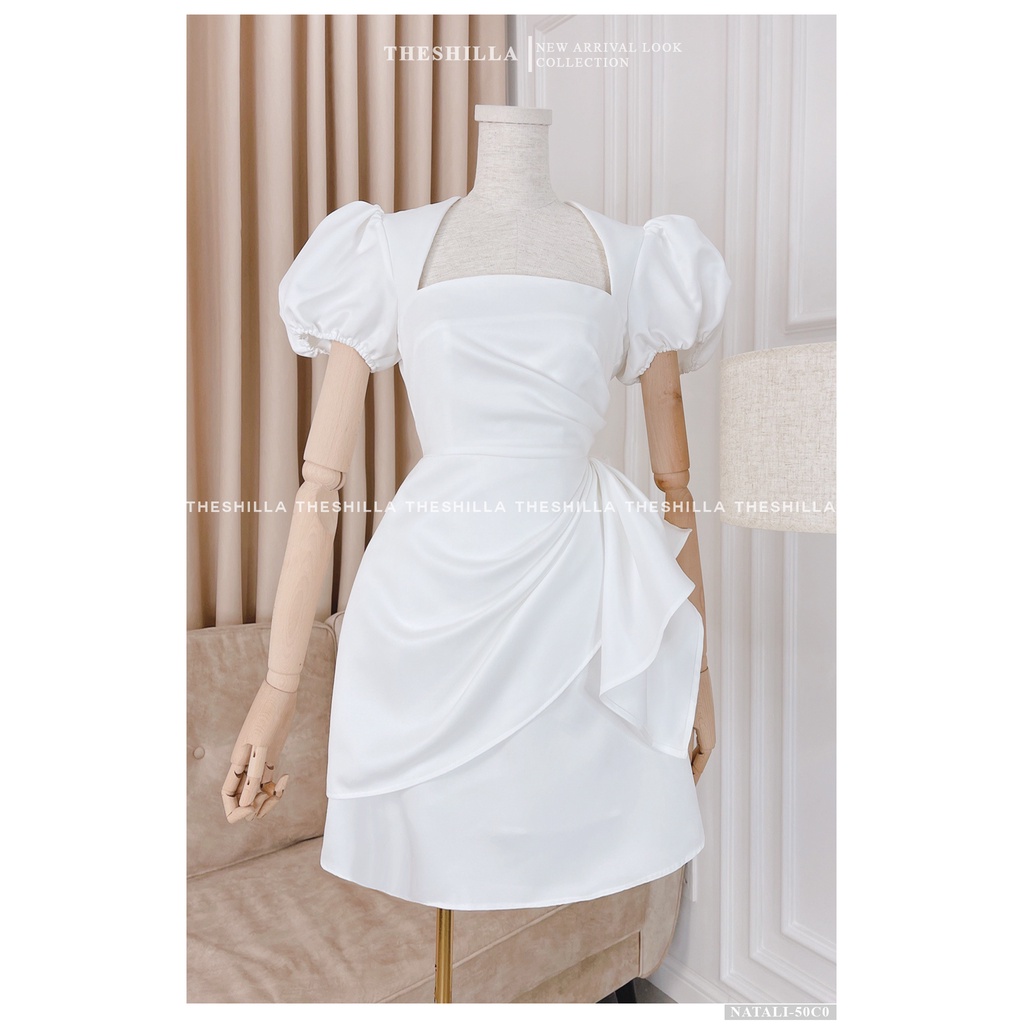 Váy thiết kế cao cấp màu trắng tay phồng eo nhún bèo cổ vuông  The Shilla - Natali-50C0