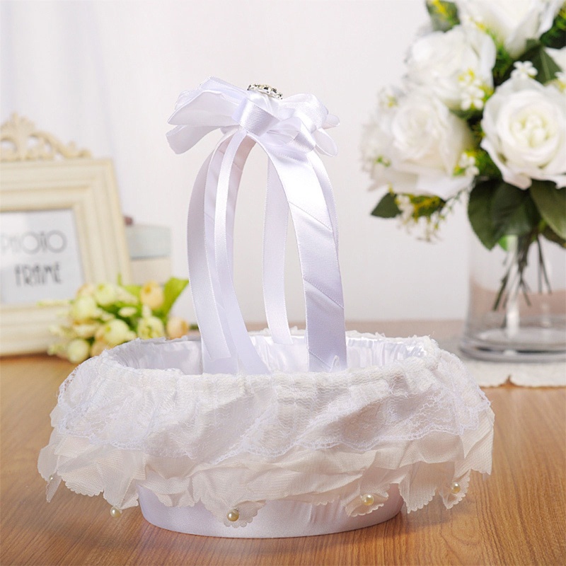 Giỏ Hoa Nhỏ 7.1in Bằng Vải Satin Phối Ren Trắng Dùng Trang Trí Đám Cưới Wx8.7In H