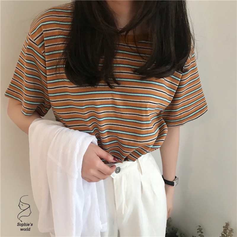 Áo Thun Ngắn Tay Họa Tiết Sọc Ngang Trẻ Trung Dành Cho Nữ