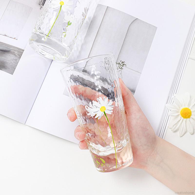 Ly Thủy Tinh Uống Sữa / Nước Trái Cây In Hình Hoa Cúc Phong Cách Nhật Bản