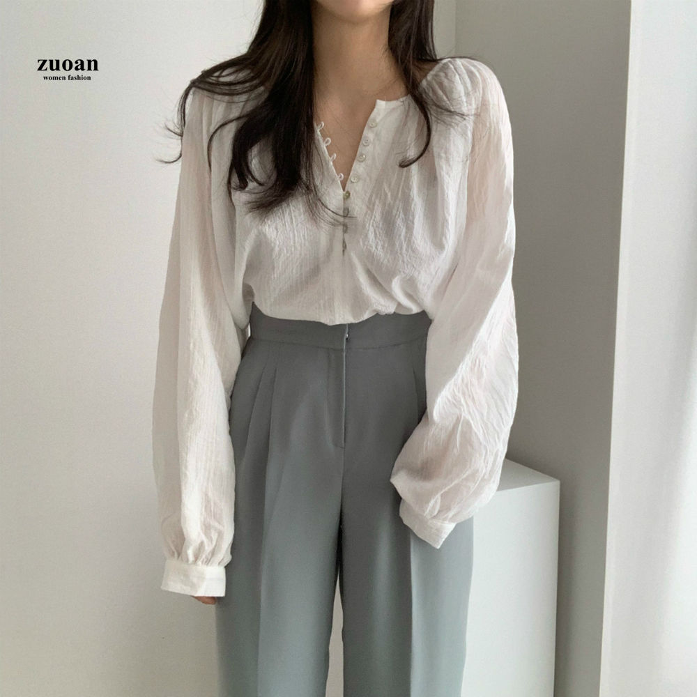 SUXI Áo sơ mi nữ tay dài kiểu dáng tay dài theo phong cách thời trang Hàn Quốc