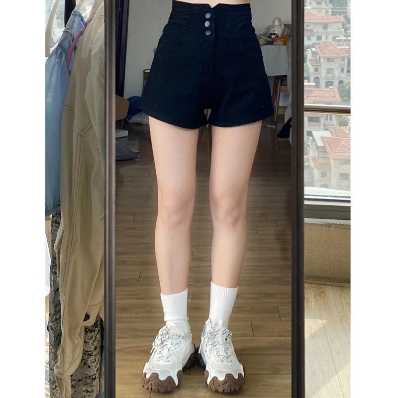 Quần Short Denim Màu Đen Lưng Cao Dáng Chữ A Thời Trang Mùa Hè 2022 Dành Cho Nữ