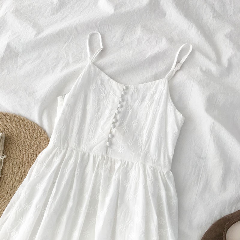 🌿 Đầm 2 dây trắng thêu hoa dáng xòe ulzzang 🔥