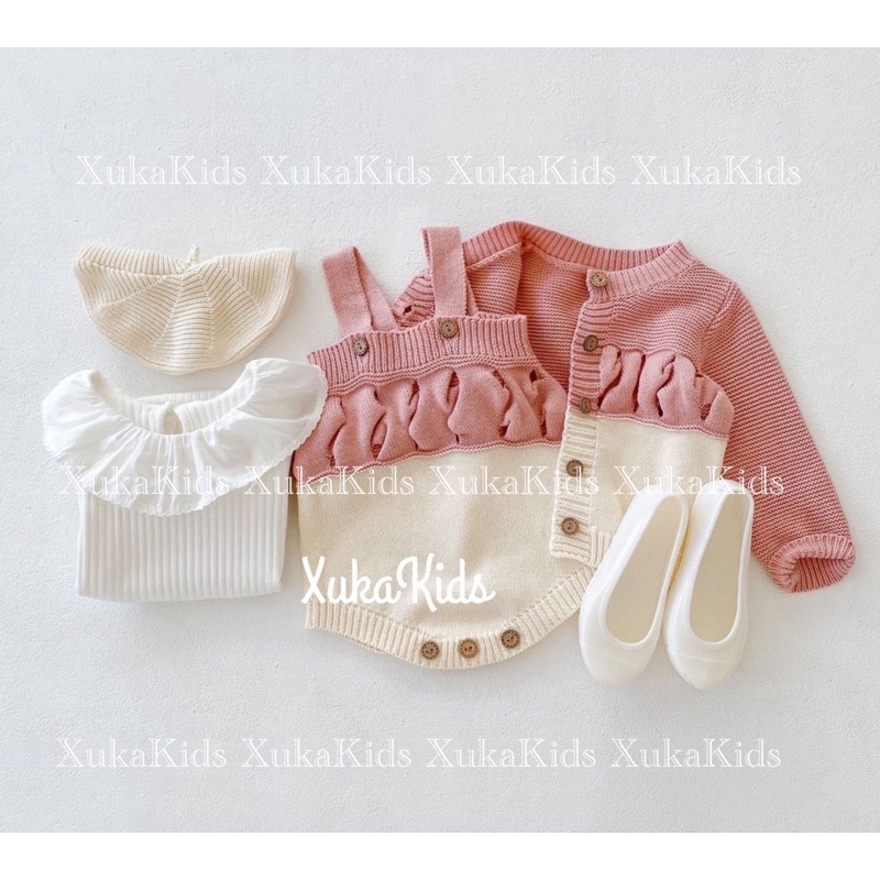 Set Bộ Bé Gái [XukaKids] Áo Khoác Cardigan và Yếm Len Cao Cấp Bé Gái Trắng Hồng Nhún Trước Ngực Len mịn dày dặn