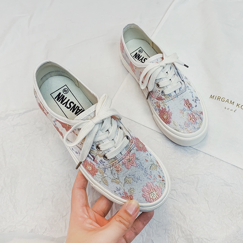 Giày Thể Thao Canvas Thêu Họa Tiết Phong Cách Retro Hàn Quốc Thời Trang Cho Nữ