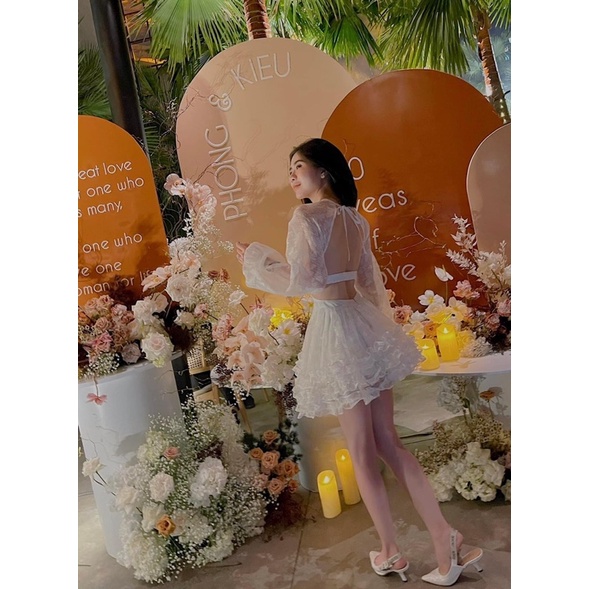 Sẵn xanh Đầm hoa vàng xanh trắng hồng hoa nổi cut out eo hở lưng
