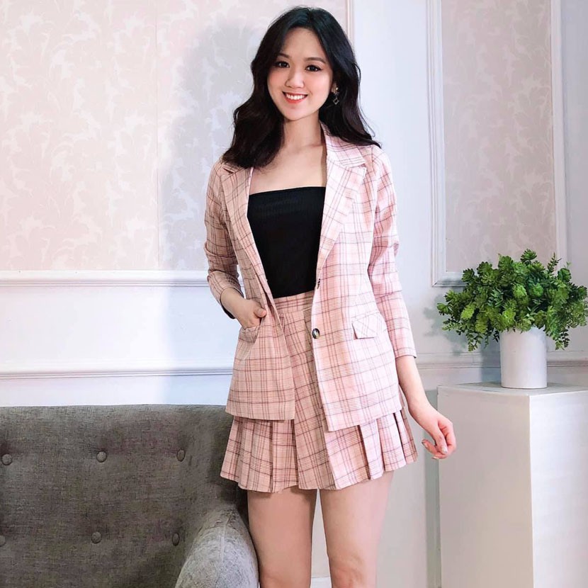 Áo Blazer Chân Váy Kẻ Xếp Ly Hai Lớp Hàng thiết kế Hachidesigns | BigBuy360 - bigbuy360.vn