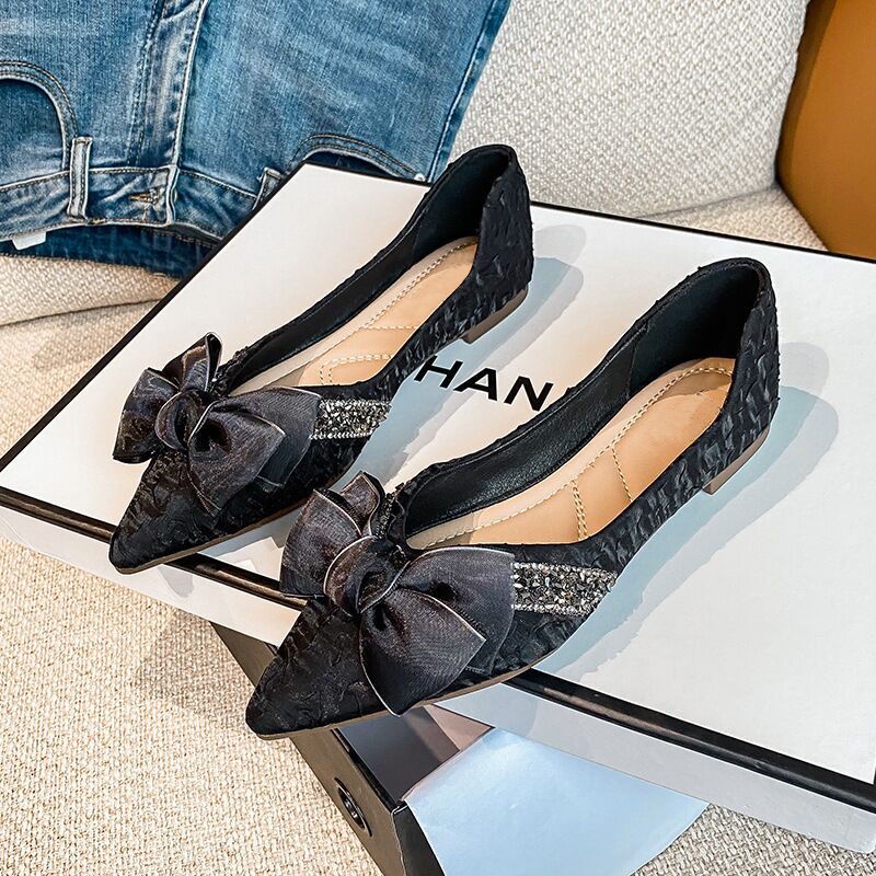 Giày búp bê mũi nhọn đế mềm đính nơ thời trang mùa hè dành cho nữ 2022