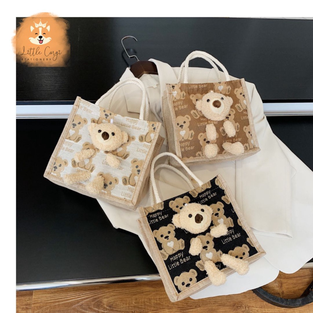 Túi xách vải bố hình gấu nhiều màu lựa chọn - Túi cói mini gấu bông hàng đẹp