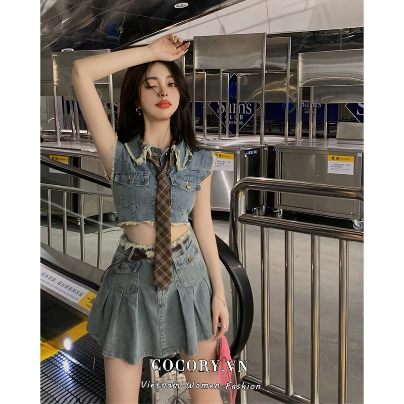 Cocory vn Set Áo Denim Không Tay Và Chân Váy Chữ A Lưng Cao Phong Cách Vintage Gợi Cảm Cho Nữ