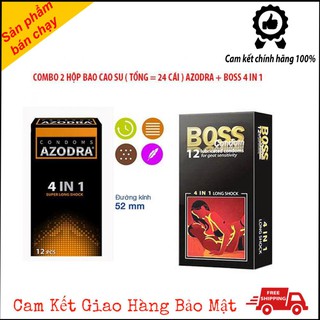 Combo Bao Cao Su Boss 4 in 1  và Bao Cao Su Azodra Gân Gai Nhỏ Có kéo Dài Thời Gian 52mm [ Tổng 24 cái BCS]