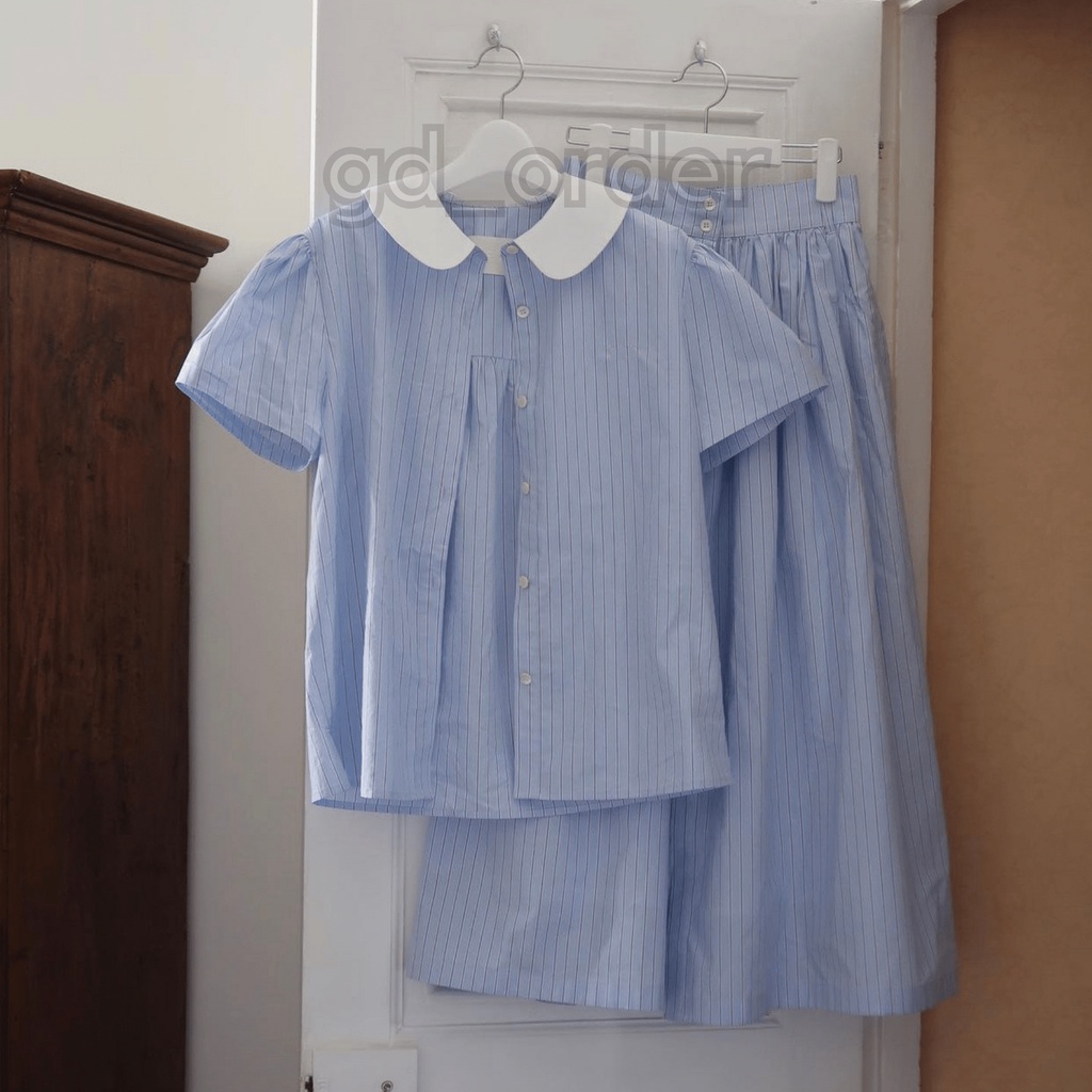 B32|Set bộ kẻ sơ mi tiểu thư mùa hè đơn giản ngắn tay kèm chân váy dài gd_order