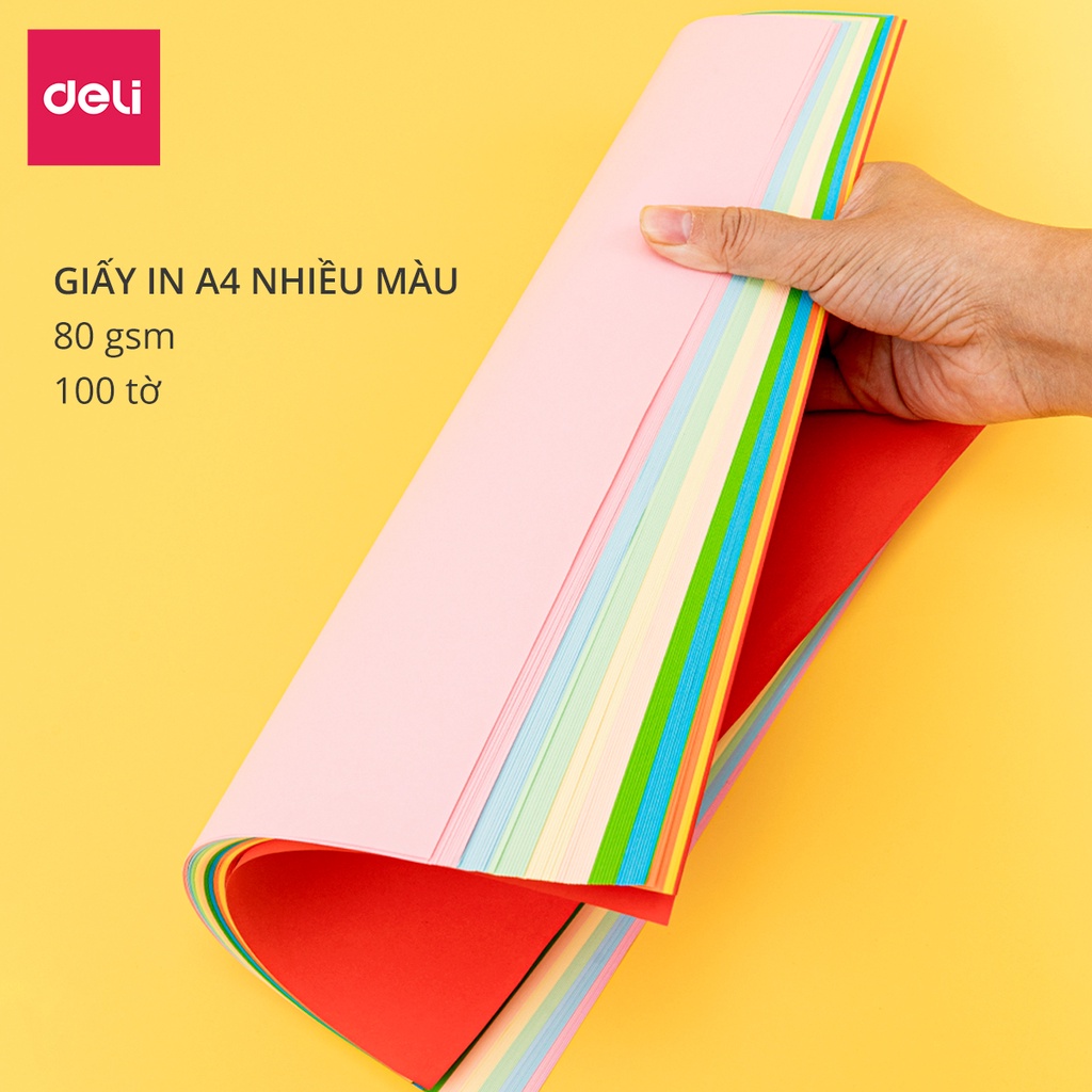 Giấy in nhiều màu khổ A4 Deli - Định lượng 80gsm - 100 trang/tệp - 2 tông màu pastel / sặc sỡ - 7788