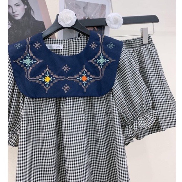 Set đồ bộ kẻ đen - Bộ đồ mặc nhà cổ phối màu xanh than siêu xinh- Set bộ dáng babydoll tiểu thư