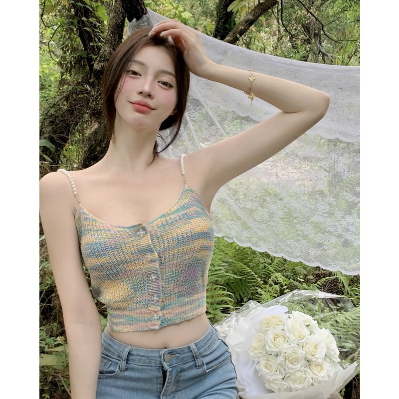 XIAO ZHAI NV QADCOL Áo Hai Dây Cổ Chữ v Màu Sắc retro Phong Cách Pháp Thời Trang Mùa Hè Cho Nữ