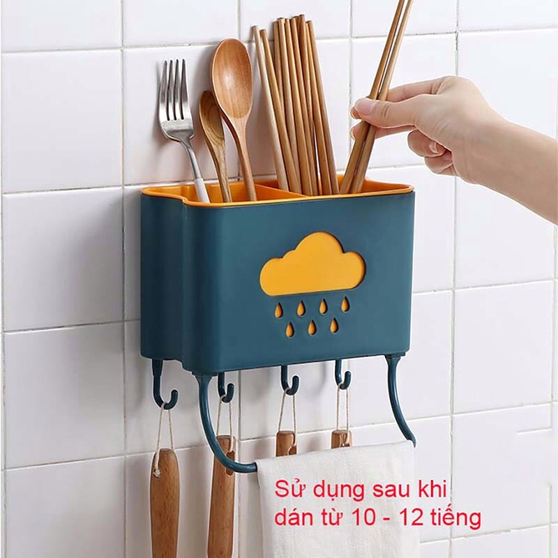 Hộp đựng đũa muỗng treo tường hình đám mây kèm móc treo khăn dụng cụ bếp tiện lợi, ống cắm đũa thìa, ống đựng đũa muỗng