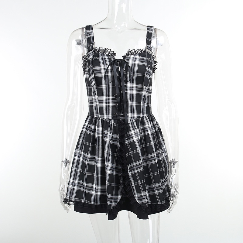 Đầm Hai Dây Rút Dây Kẻ Sọc Caro Thời Trang Cho Nữ