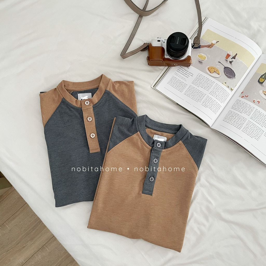 NOBITA HOME - Áo thun tay ngắn raglan cổ henley
