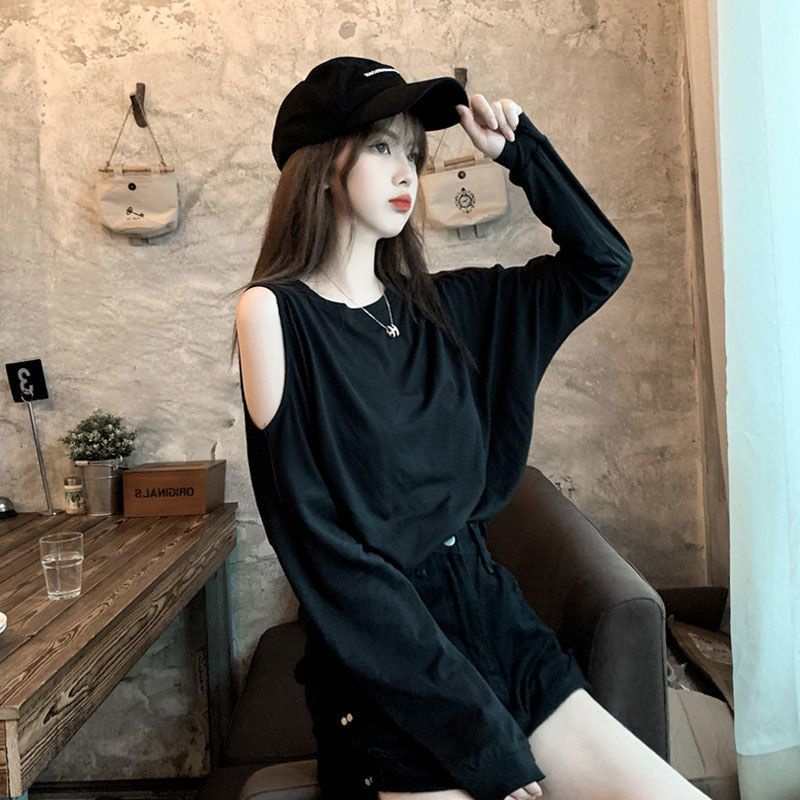 Jiashucheng Áo Thun Mỏng Tay Dài Dáng Rộng Hở Vai Phong Cách Hàn Quốc Thời Trang Xuân Thu Cho Nữ 100kg 300