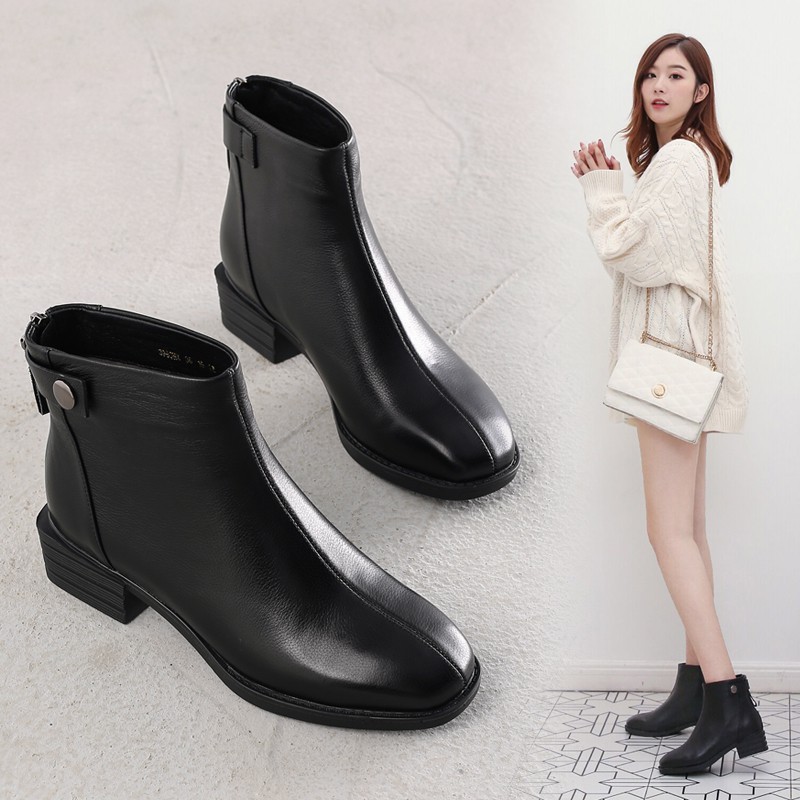 Giày bốt Martin Phong Cách Retro	đế vừa 4cm màu trơn Dây kéo sau ❤Có hai màu đen và kem❤