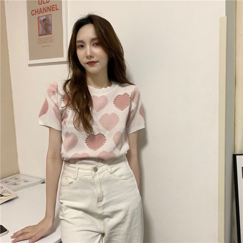 Áo Thun Dệt Kim Tay Ngắn Cổ Tròn Dáng Rộng Đính Hạt Cườm Thời Trang Mùa Hè Mới Cho Nữ