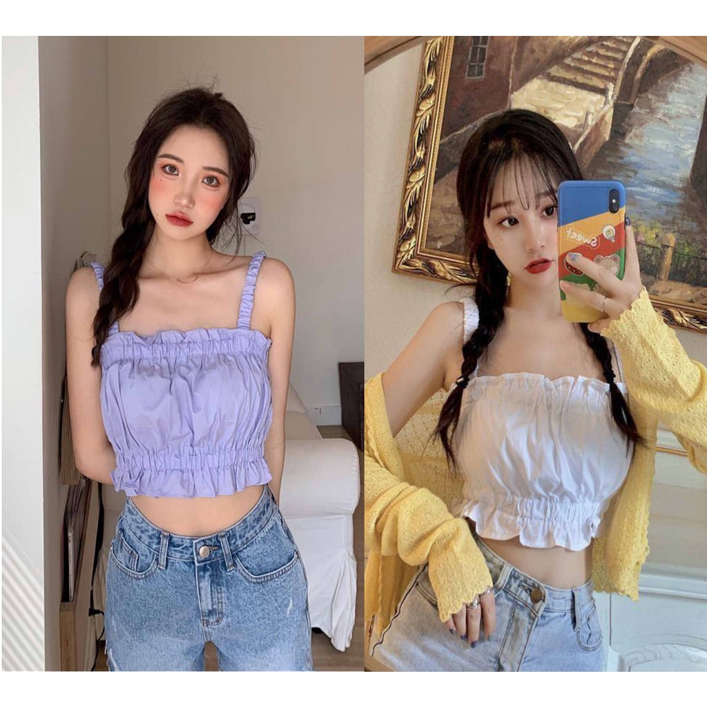 A015 - Áo hai dây nhún ngực viền bèo công chúa cute sexy croptop ôm thân trắng tím, áo crt hai dây ba lỗ bánh bèo