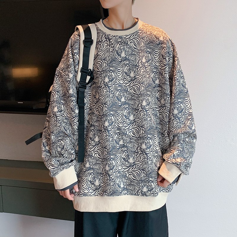 Áo sweater chui đầu cổ tròn in họa tiết hổ dáng rộng phong cách Retro thời trang cho nam size M-2XL