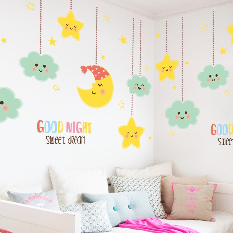 Decal trang trí phòng ngủ cho bé dán tường chúc bé ngủ ngon kích thước 113x78cm