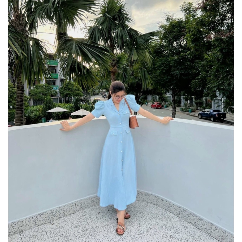 MAXI VẢI SỌC CỔ SƠ MI TAY BÚP