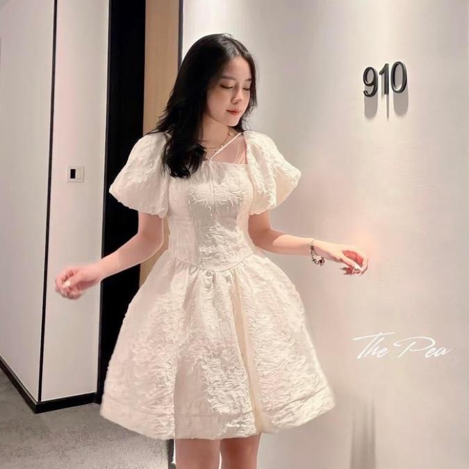 ✔ 𝗙𝗥𝗘𝗘 𝗦𝗛𝗜𝗣 VÁY YẾM CỔ TAU BỒNG XỐP HOA NỔI BE ĐẦM TIỂU THƯ