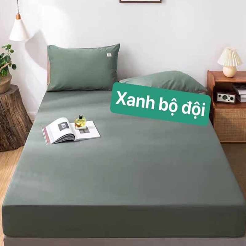 Bộ Ga giường, ga gối TC trơn màu xanh min bộ đội EmmiBedding gồm 1 ga và 2 áo gối nằm