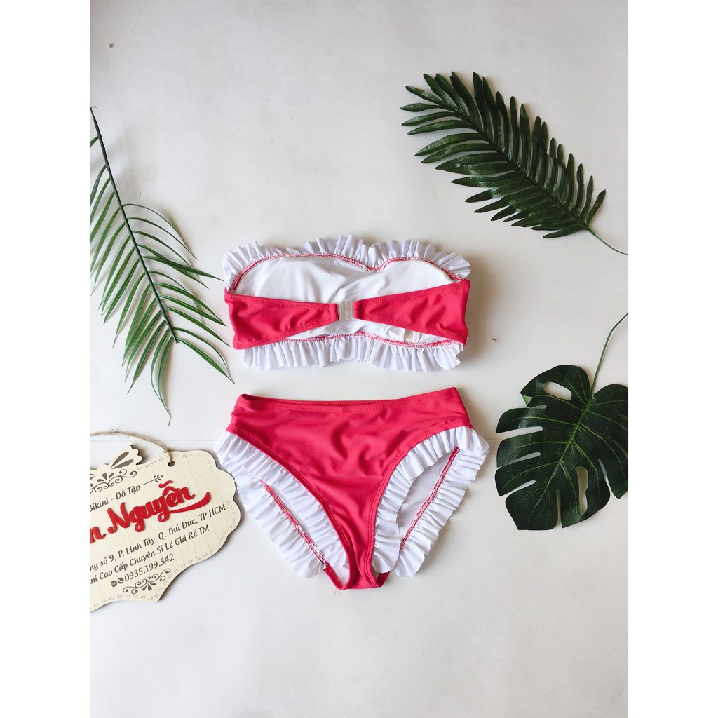 Bikini bộ bơi đồ bơi nữ 2 mảnh áo ống phối quần nhún bèo dễ thương EVA 2MBN