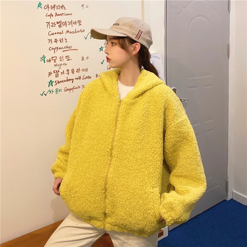 Áo khoác nữ len vải bông tay dài hoạt hình thú có dây kéo túi nón trùm đầu gà ếch heo mùa đông ấm áp ulzzang ( 3 màu )
